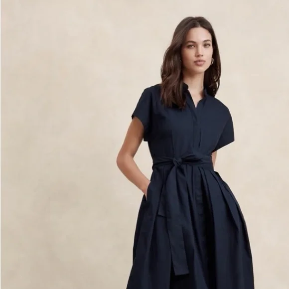 NWT! Banana Republic Preppy Navy Poplin Tie-Waist Midi Dress - Multiple 🦋💫⭐️ - Picture 3 of 9
